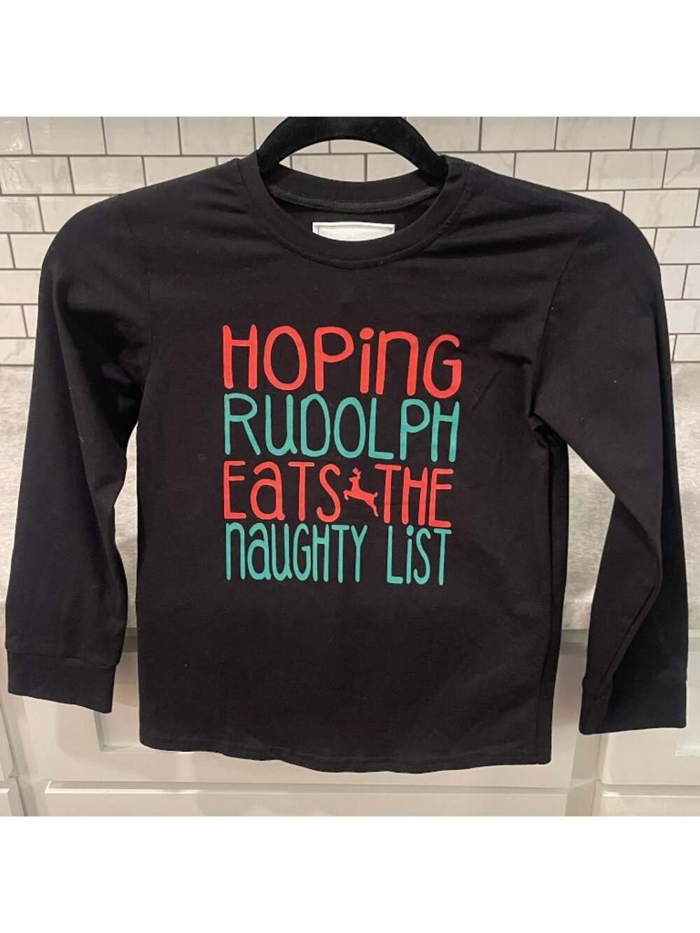 Whyldson Christmas Shirt Boys Size 7‎ Rudolph Reindeerr Black Long Sleeve